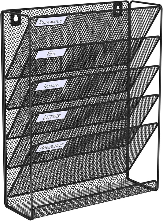 BOHDK Hanging Folder Organizer Mesh 6 Tier, Wall File Organizer Hanging Paper Organizer, Wall Mount Mail Storage, Office Organization and Storage Rack for Home Office, Black