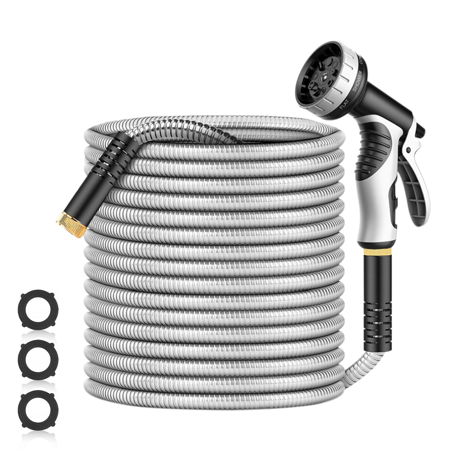 NEYCIL Stainless Steel Garden Hose 50ft, Heavy-Duty Water Hose with 10 Function Nozzle, Puncture Proof, No-Tangle, No-Kink, Garden Hose for Yards, Car Washing & Outdoor Cleaning
