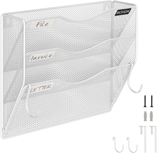 BOHDK Wall File Organizer, 3 Tire Hanging File Folder Mail Organizer, Vertical Mesh Metal Door/Wall Mount Hanging File Organizer, Paper Document Magazine Rack with Hooks for Home Office White