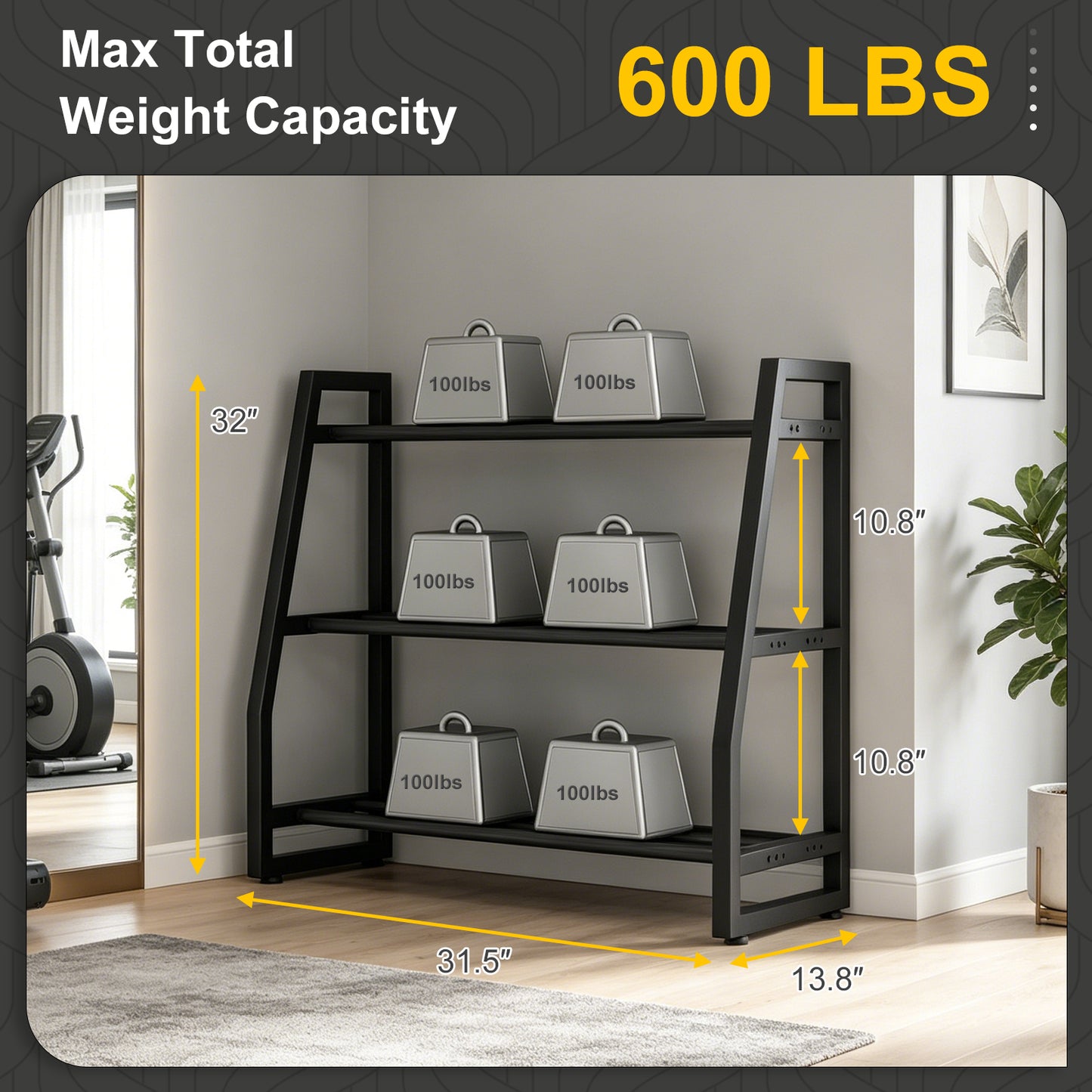 Heavy Duty 3-Tier Dumbbell Rack, 600 LBS Capacity Adjustable Weight Rack for Kettlebells & Dumbbells, One-Piece Solid Steel Home Gym Storage Stand, Space-Saving Corner Organizer with Hooks (32" H x 31.5" L)