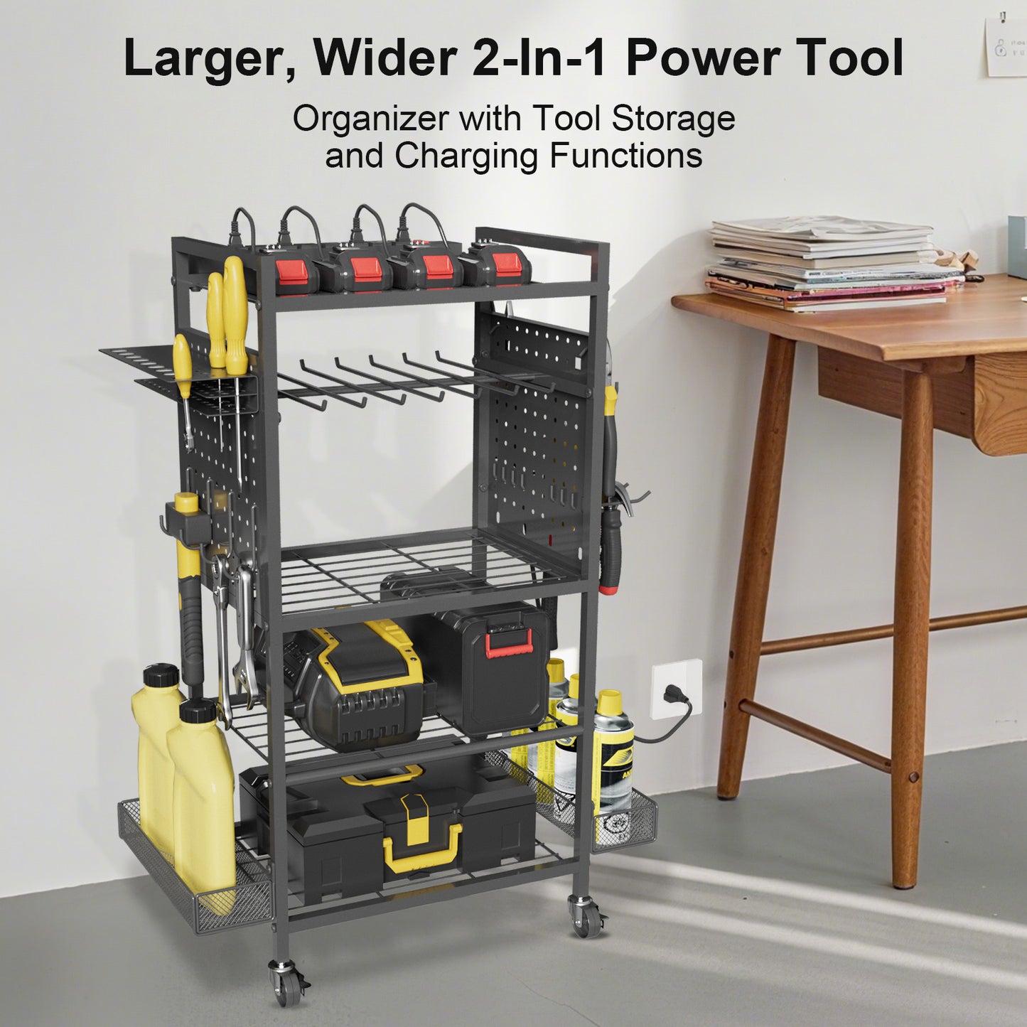 Power Tool Organizer Cart with Charging Station, Heavy Duty Garage Tool Organizer Rolling Tool Battery Storage (Black, 4.9FT Cord)