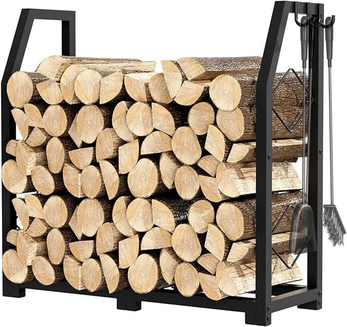 VyGrow Firewood Rack for Outdoor, Firewood Holder with 3 Hanging Hooks, Heavy Duty Wood Rack for Indoor Outdoor Patio, Black