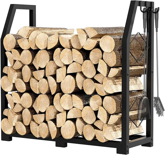 VyGrow Firewood Rack for Outdoor, Firewood Holder with 3 Hanging Hooks, Heavy Duty Wood Rack for Indoor Outdoor Patio, Black