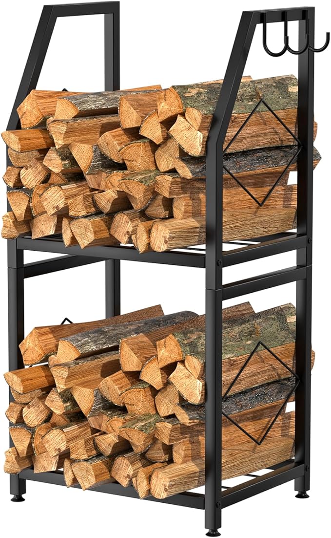VyGrow Firewood Rack for Indoor, 2-Tier Firewood Holder with 3 Hanging Hooks, Heavy Duty Wood Rack for Outdoor Patio, Black
