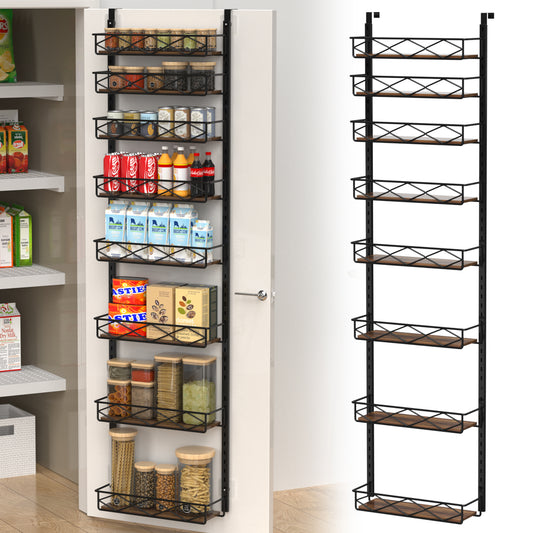 VyGrow Over The Door Pantry Organizer, 8-Tier Wood & Metal Over The Door Organizer with Adjustable Basket, Hanging Spice Rack, Door Organization and Storage for Kitchen Pantry Door Cabinet, Black
