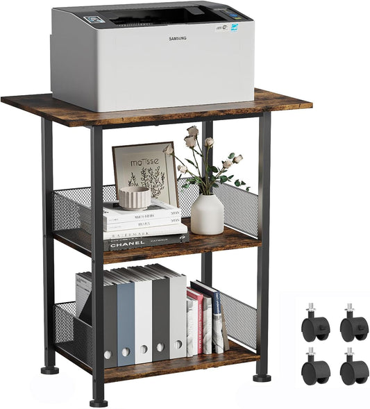 BOHDK Printer Stand, 3-Tier Industrial Large Printer Table with Shelf, 23"x15" Mobile Heavy Duty Storage Rack on Wheels for Home Office Printer Fax Machine Scanner Copier