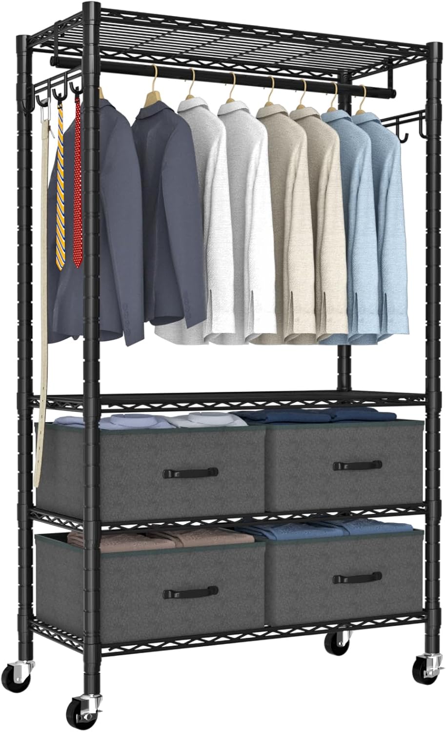 VyGrow Clothes Rack, Heavy Duty Clothing Rack for Hanging Clothes, 4-Tier Adjustable Closet Organizer with 4 Drawers | Hanging Rod | Side Hooks | Load 445lbs | 15.7" D x 35.4" W x 74.1" H