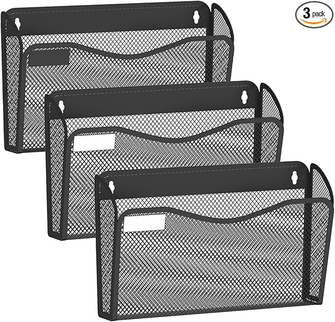 BOHDK Wall File Organizer, Mesh Hanging File Organizer, Home Office Organization and Storage, 3 Single Pockets Document Magazine Rack