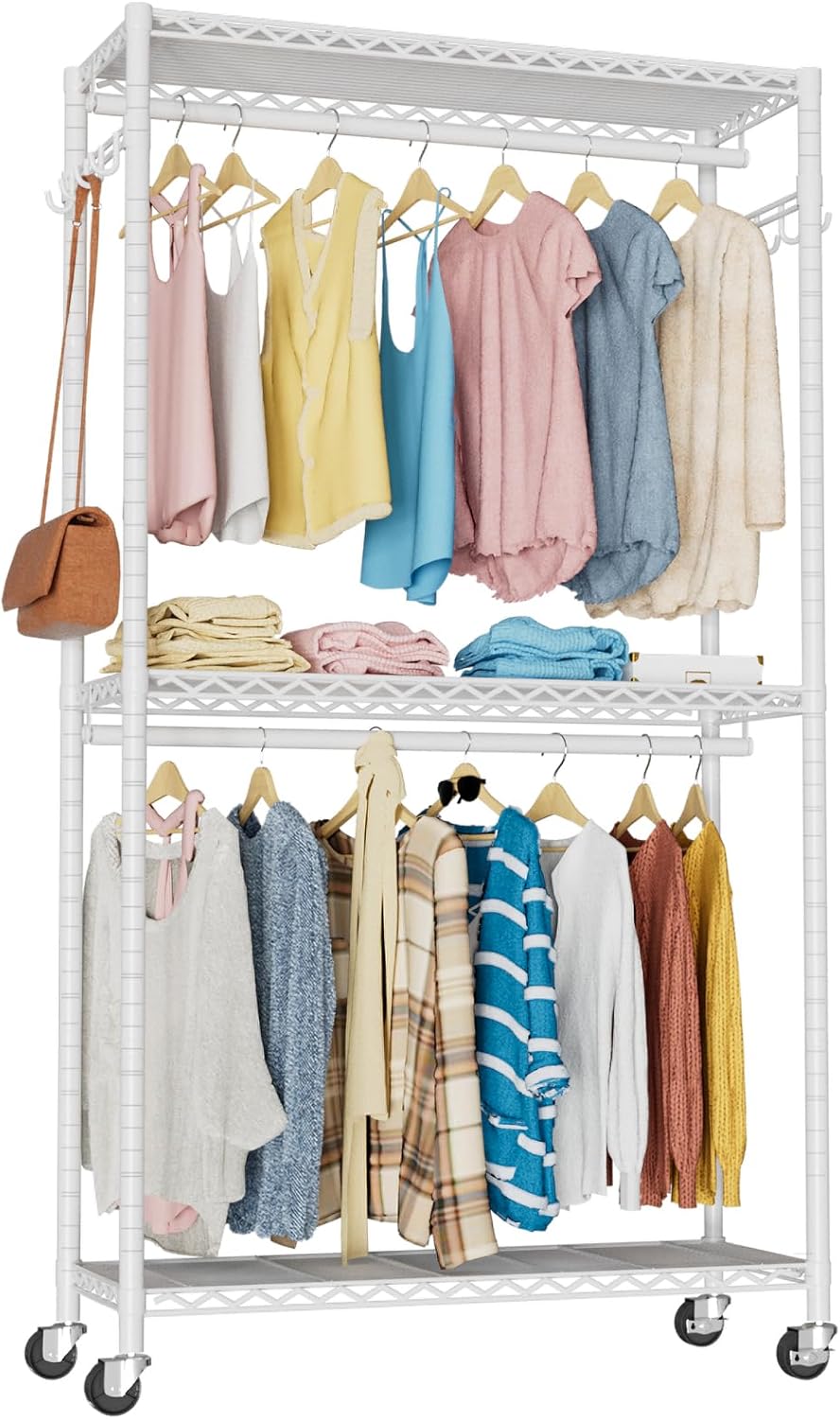 VyGrow Clothes Rack, Clothing Rack for Hanging Clothes, 3 Tiers Adjustable Heavy Duty Closet Organizer with Wheels | Double Rods | Side Hooks | Load 445lbs | 35.43" L x 15.7" W x 78.34" H | White