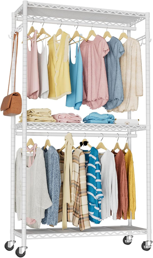 VyGrow Clothes Rack, Clothing Rack for Hanging Clothes, 3 Tiers Adjustable Heavy Duty Closet Organizer with Wheels | Double Rods | Side Hooks | Load 445lbs | 35.43" L x 15.7" W x 78.34" H | White