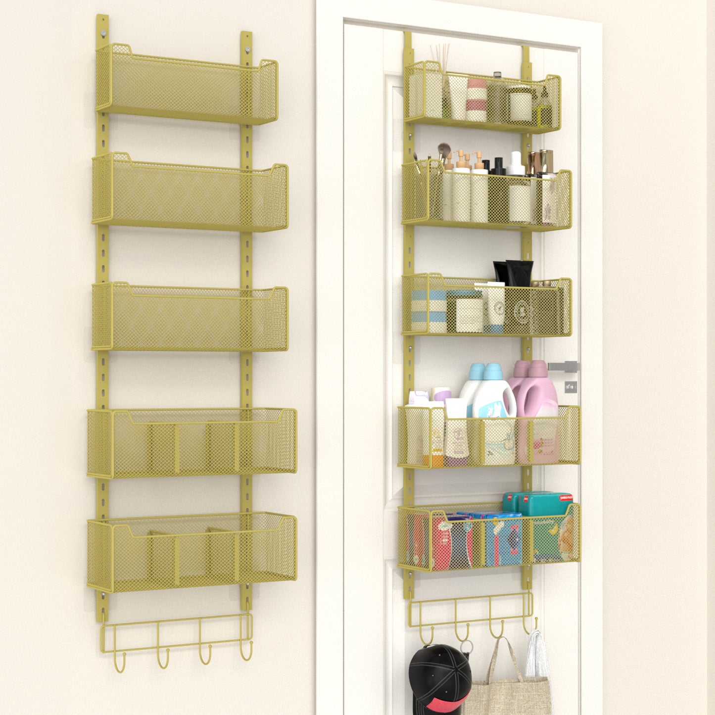 VyGrow Over The Door Organizer, Metal Door Organizer Hanging with 5 Adjustable Baskets and Coat Hook, Behind The Door Storage for Bedroom Closet Bathroom Pantry Cabinet Kitchen, Gold