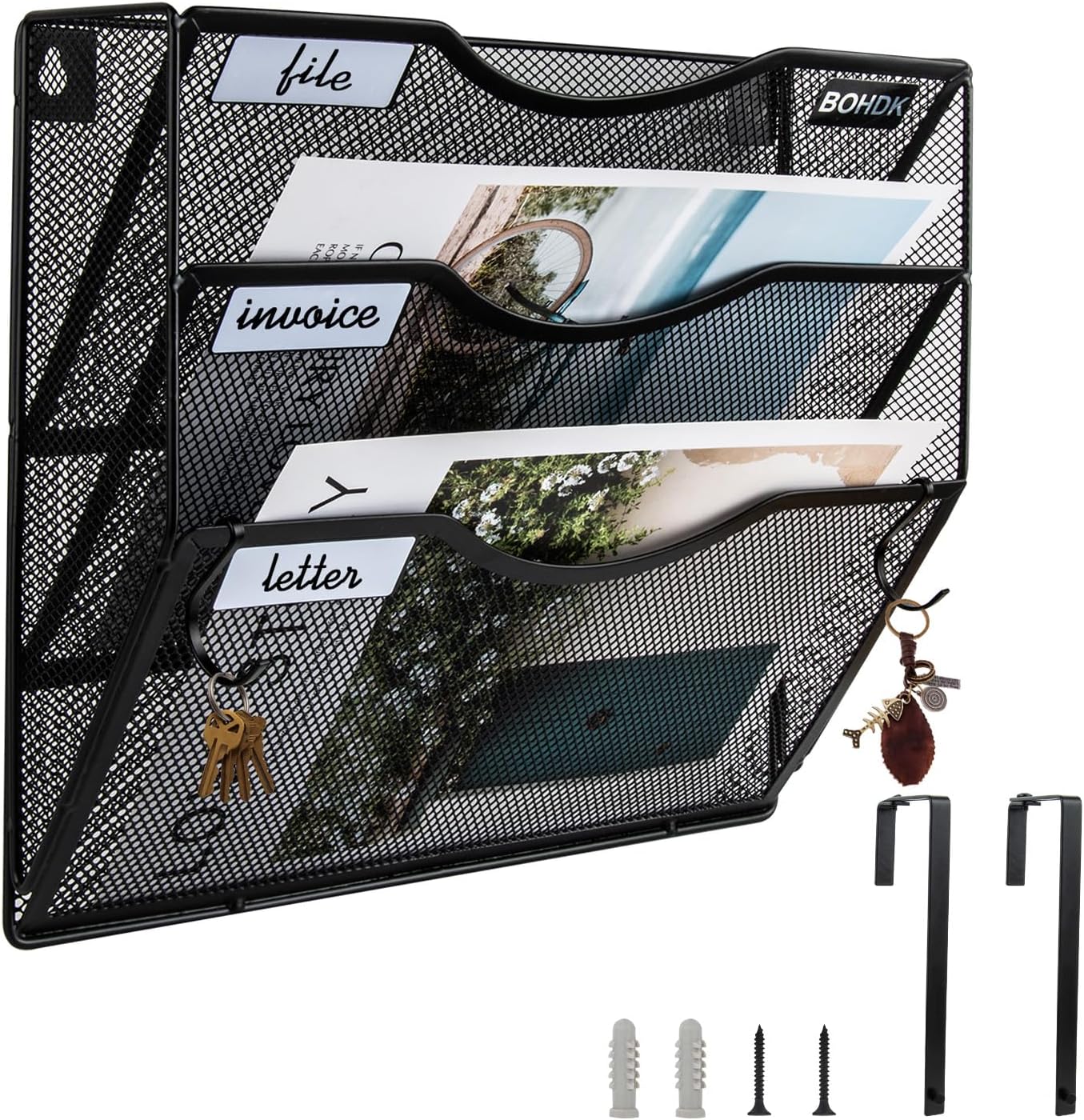 BOHDK Wall File Organizer, 3 Tire Hanging File Folder Mail Organizer, Vertical Mesh Metal Door/Wall Mount Hanging File Holder, Paper Document Magazine Rack with Hooks for Home Office Black