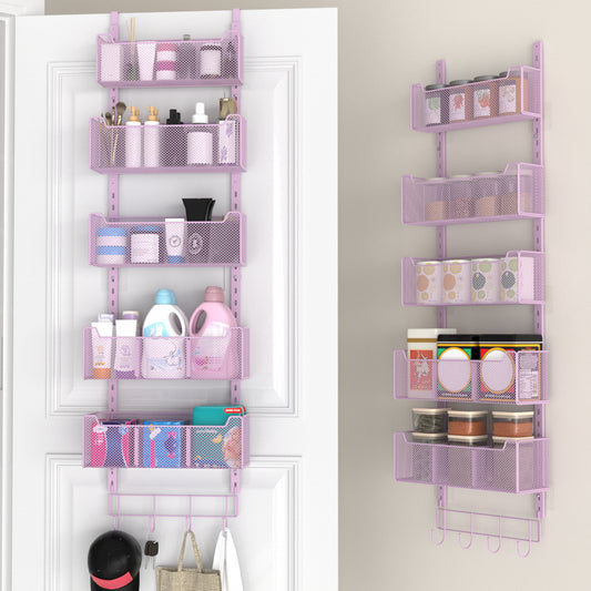 VyGrow Over The Door Organizer, Metal Door Organizer Hanging with 5 Adjustable Baskets and Coat Hook, Behind The Door Storage for Bedroom Closet Bathroom Pantry Cabinet Kitchen, Purple