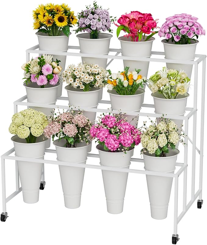 NEYCIL Flower Stand, 3-Tier Flower Display Stand with Buckets for Indoor Outdoor, Flower Cart Display Stand with Wheels for Courtyard, Balcony, Flower Shop, Wedding, Party, Exhibition, White