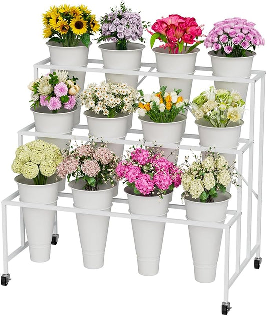 NEYCIL Flower Stand, 3-Tier Flower Display Stand with Buckets for Indoor Outdoor, Flower Cart Display Stand with Wheels for Courtyard, Balcony, Flower Shop, Wedding, Party, Exhibition, White