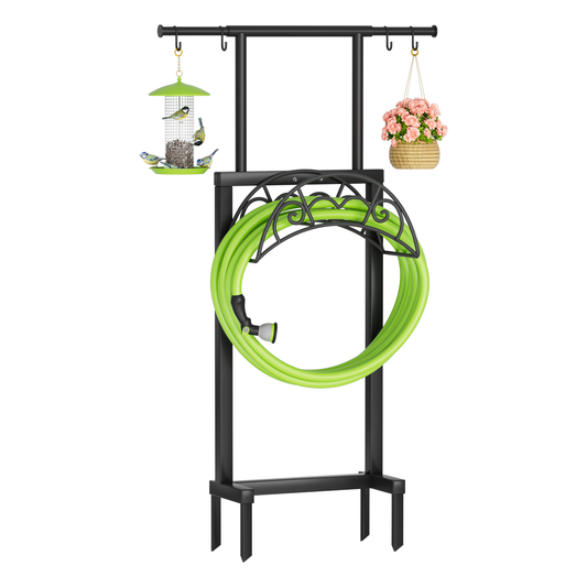 Garden Hose Holder with Telescopic Pole, Upgraded Heavy Duty Hose Stand Holds 150ft with 4 Spikes, Freestanding Metal Hose Storage and Hanger for Outside Yard Lawn Farm, Black
