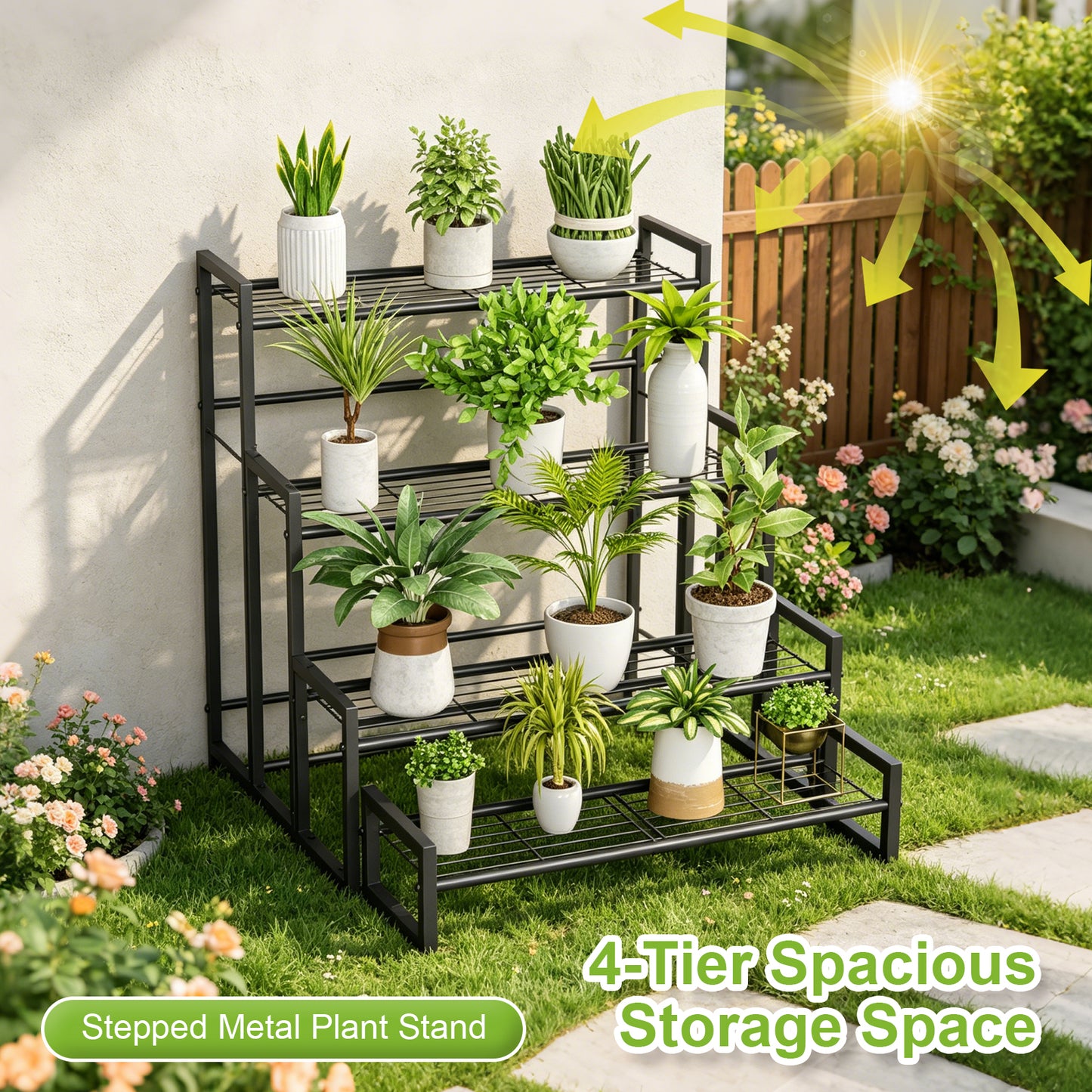 VyGrow Plant Stand, 4 Tier Stackable Tiered Plant Stand, Scalable Heavy Duty Tall Plant Shelf for Indoor Outdoor, Garden, Display Shelves, Flower Pot Holder, Blacken, Display Shelves, Flower Pot Holder, Black
