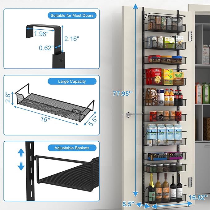 VyGrow Over the Door Pantry Organizer, 10-Tier Over the Door Organizer with Adjustable Basket, Door Organization for Pantry Kitchen Storage Room Spice Rack, Black