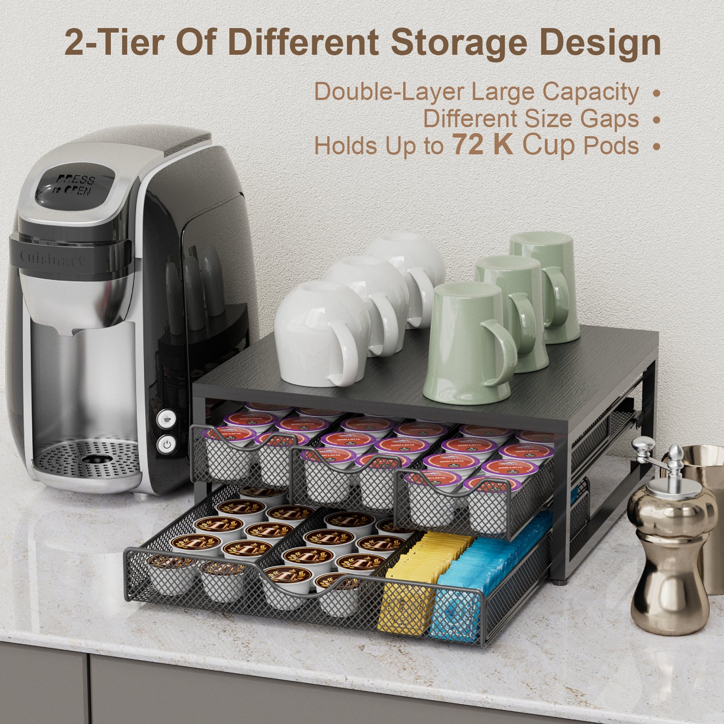 NEYCIL Coffee Pod Holder For Counter, 3 Pull-Out 72 K-Cup Holder Drawer, Wooden Cafe Pods Storage Organizer with Sliding Drawers for Coffee Station, Home, Kitchen, Office, Dorm, Black