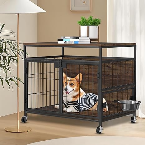 VyGrow Dog Crate Furniture with Wheels, 31" Heavy Duty Wooden Side End Table, Indoor Dog Kennel Furniture for Small/Medium Dog, Double Doors & 360 Degree Rotating Stainless Bowl 31" Lx21.6 Wx27.5 H