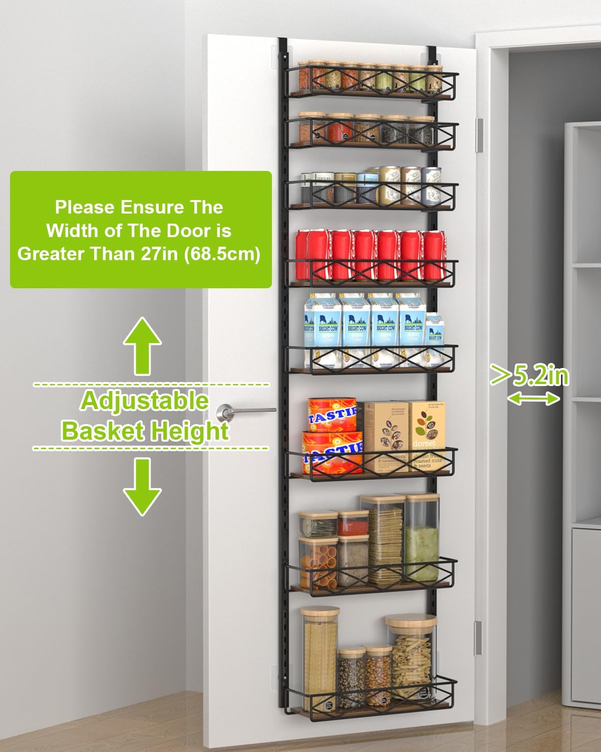 VyGrow Over The Door Pantry Organizer, 8-Tier Wood & Metal Over The Door Organizer with Adjustable Basket, Hanging Spice Rack, Door Organization and Storage for Kitchen Pantry Door Cabinet, Black