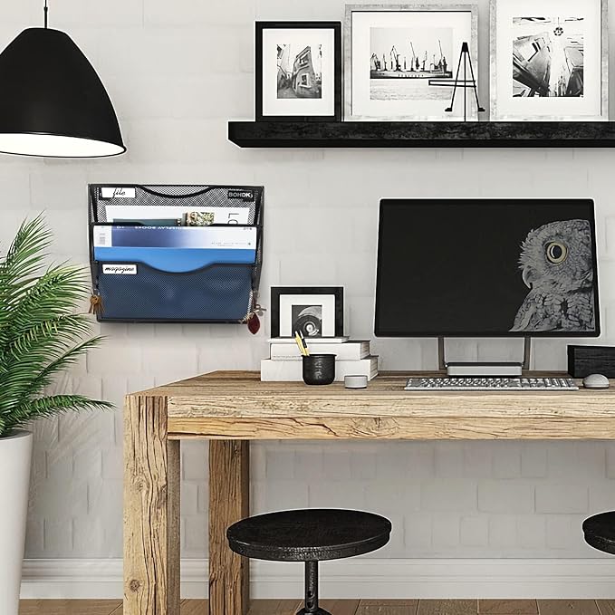 BOHDK Wall File Organizer, 3 Tire Hanging File Folder Mail Organizer, Vertical Mesh Metal Door/Wall Mount Hanging File Holder, Paper Document Magazine Rack with Hooks for Home Office Black