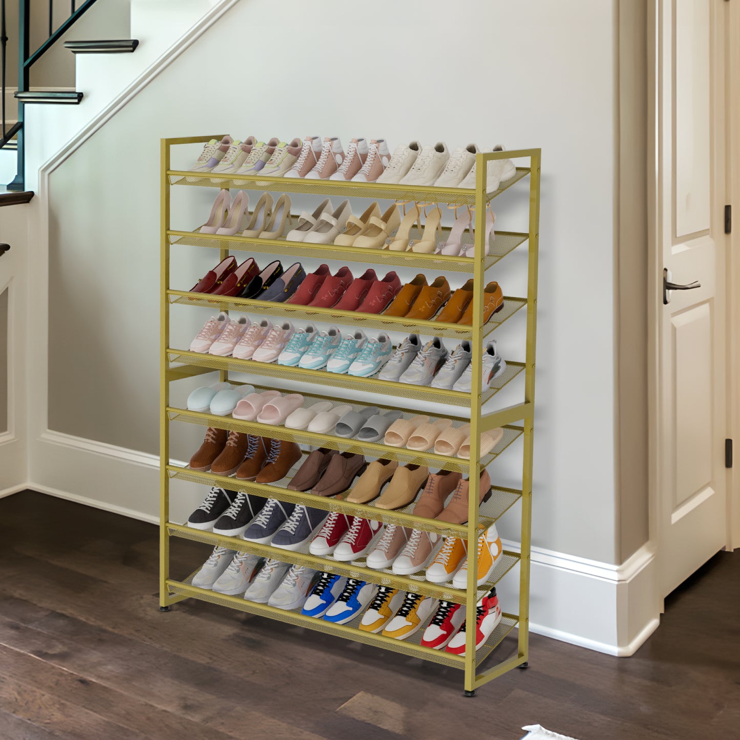 Large Shoe Rack 8 Tier Shoe Organizer, Heavy Duty Metal 4-Tier Stackable Shoe Storage Vertical Shoe Rack for Closet Front Door Entrance, Up to 50 Pairs, 44.8" W x 11.4" D x 56.7" H, Gold