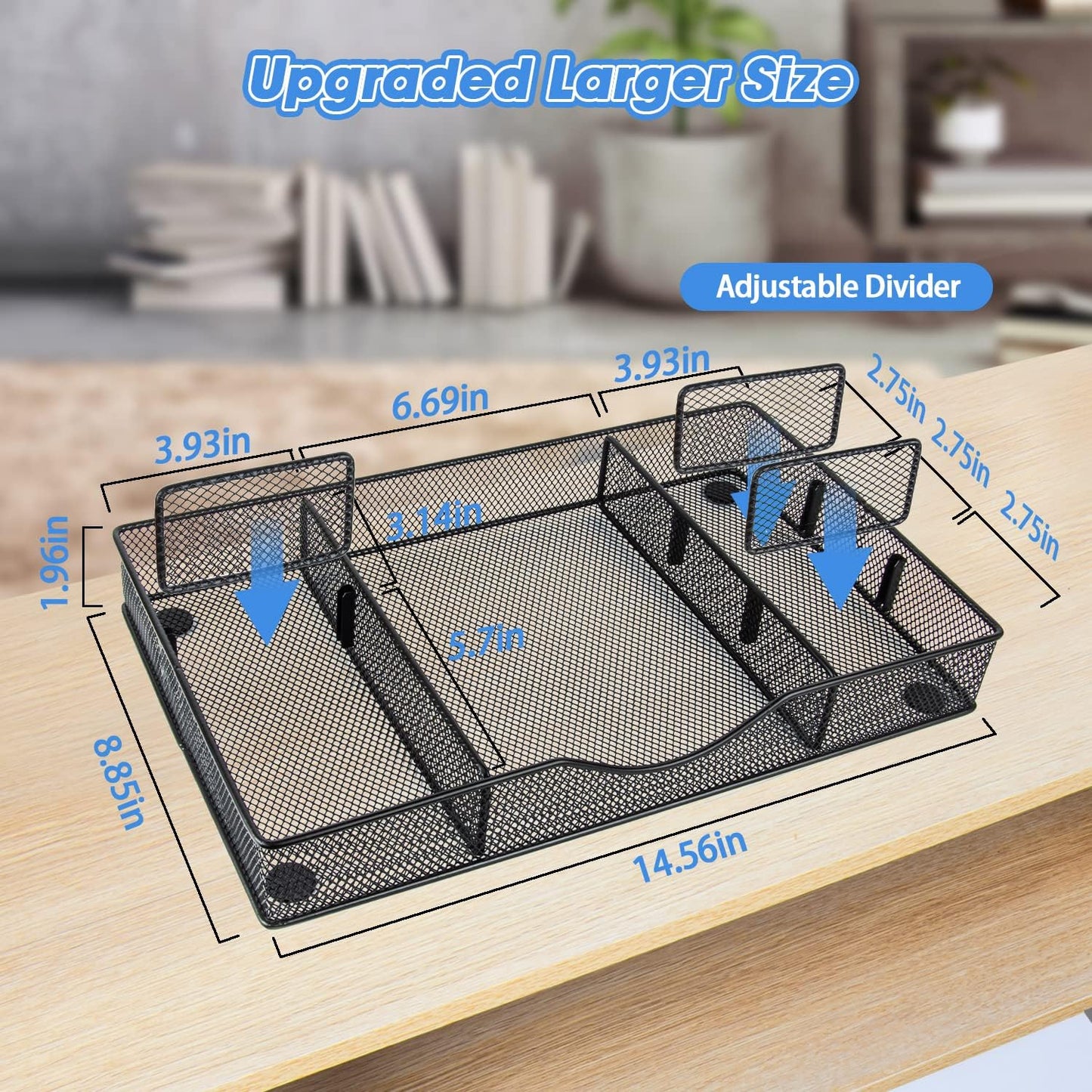 VyGrow Desk Drawer Organizer, Metal Mesh Drawer Organizer Tray with 6 Adjustable Compartment, Tray Organizer for Desktop, Kitchen, Bathroom, Makeup, Vanity - 14.5x8.8x1.96 inch, Black, 1PC Large
