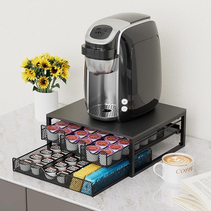 NEYCIL Coffee Pod Holder For Counter, 3 Pull-Out 72 K-Cup Holder Drawer, Wooden Cafe Pods Storage Organizer with Sliding Drawers for Coffee Station, Home, Kitchen, Office, Dorm, Black