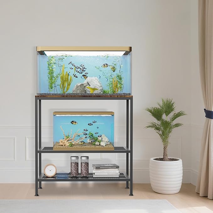 VANVERB 20-29 Gallon Fish Tank Stand, Long Aquarium Stand with 3-Tier Storage Shelves, Heavy Duty Turtle Reptile Breeder Terrarium Stand Rack Plant Stand, Load 350lbs, 30.7" L x 13.77" D x 31.51" H, Black