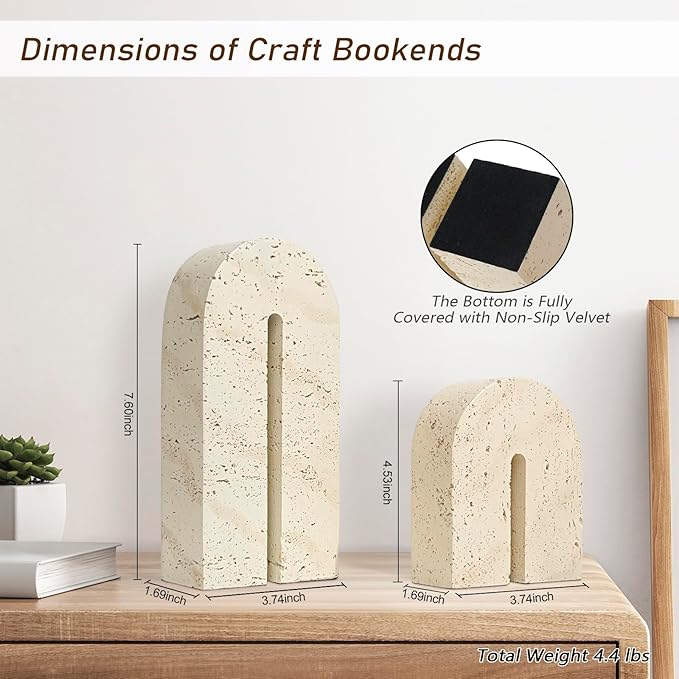 Book Ends for Shelves, Heavy Duty Decorative Bookends, Retro Arch Book Holder for Heavy Books, Imitation Travertine Book Stopper for Home Decor, Study, Bookshelf, Desktop, Set of Two