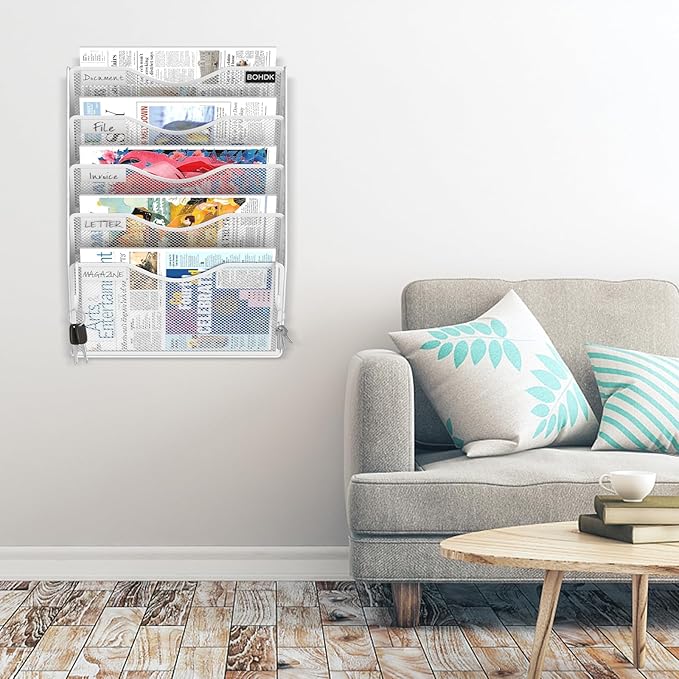 BOHDK Wall File Organizer, 5 Tire Hanging File Folder Organizer, Vertical Mesh Metal Door/Wall Mount Hanging File Holder, Paper Document Magazine Rack with Hooks for Home Office White