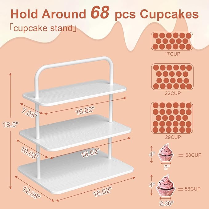 VyGrow Cupcake Stand, 3-Tier Dessert Stand for 68 Cupcakes, Wood & Metal Tower Display Premium Holder Dessert Tree Tower for Wedding Graduation Birthday Christmas Party, Serving Tray, White