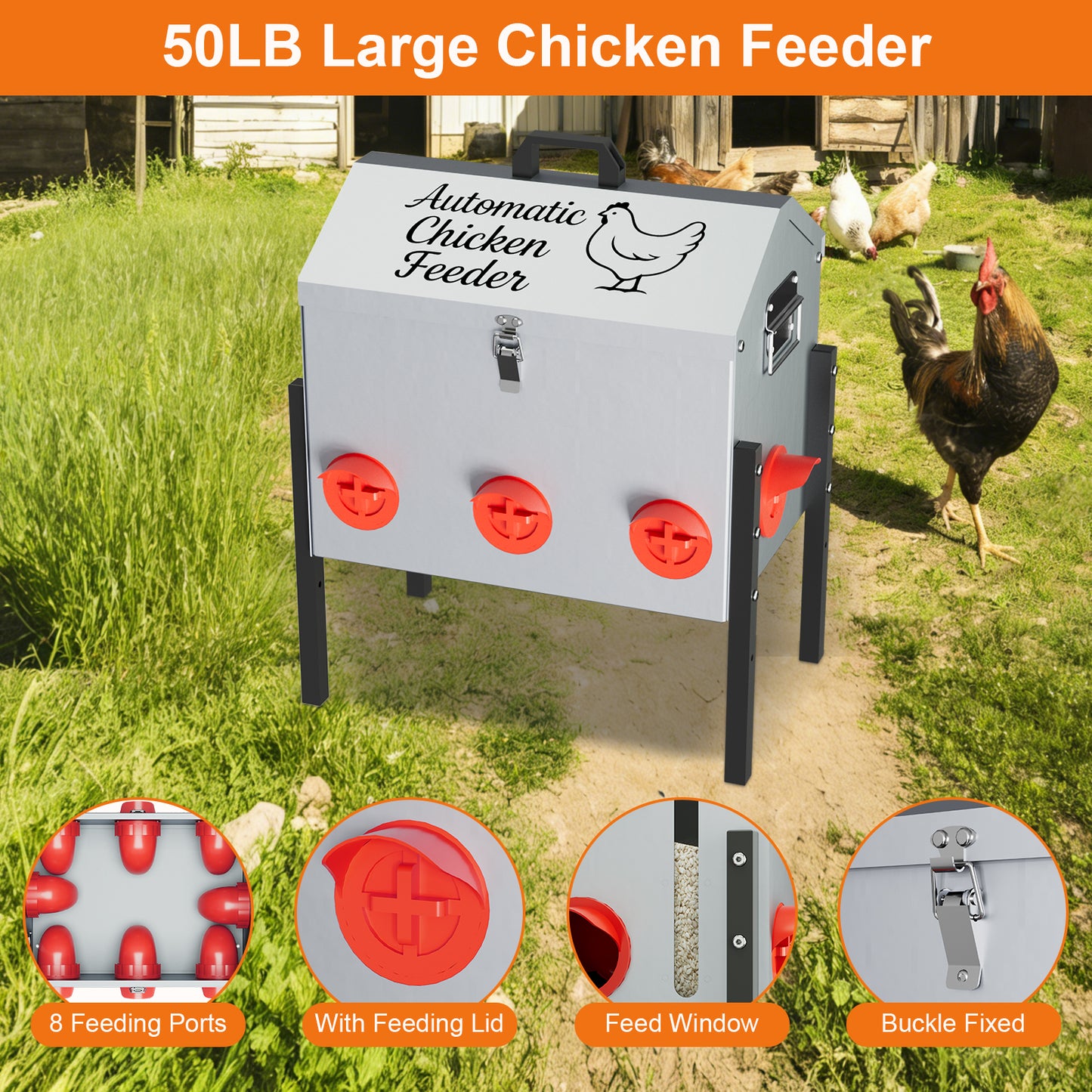 50LB Automatic Chicken Feeder, Metal Chicken Feeder with Window, No-Waste Poultry Feeder with 8 Feeding Ports, Adjustable Height, Locking Lid & Weatherproof Design for Outdoor Coop