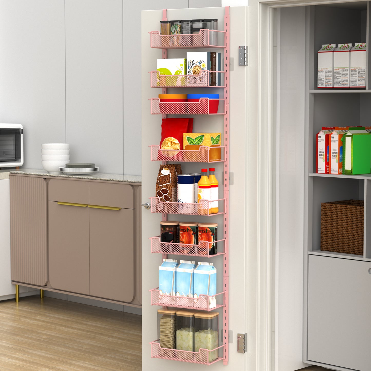 VyGrow 12.3" W Narrow Over the Door Pantry Organizer, 8-Tier Over the Door Organizer with Adjustable Basket, Pantry Door Organization for Pantry Kitchen Storage Room Spice Rack, Pink