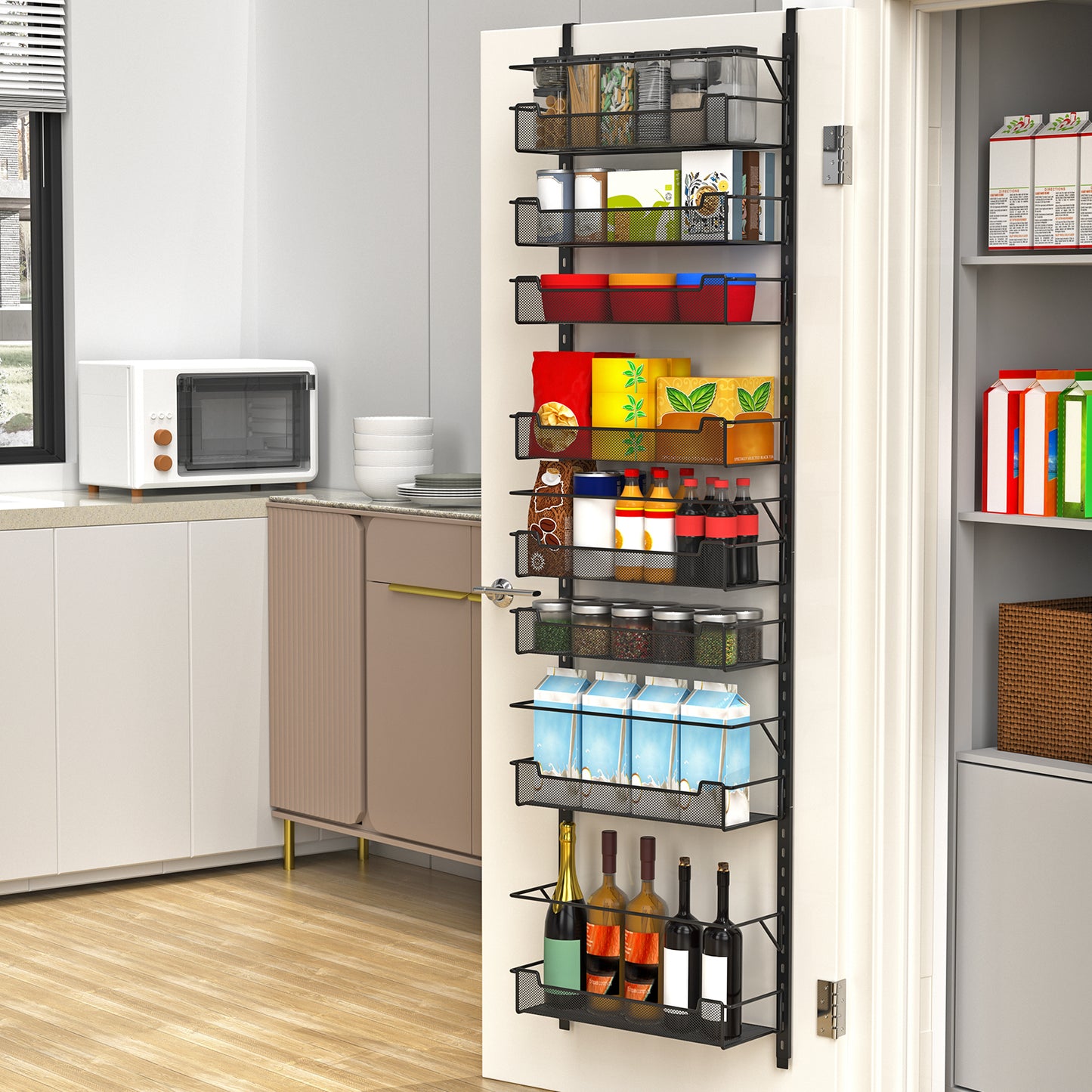 VyGrow Over the Door Pantry Organizer, 8-Tier Over the Door Organizer with Adjustable Basket, Pantry Door Organization for Pantry Kitchen Storage Room Spice Rack, Black