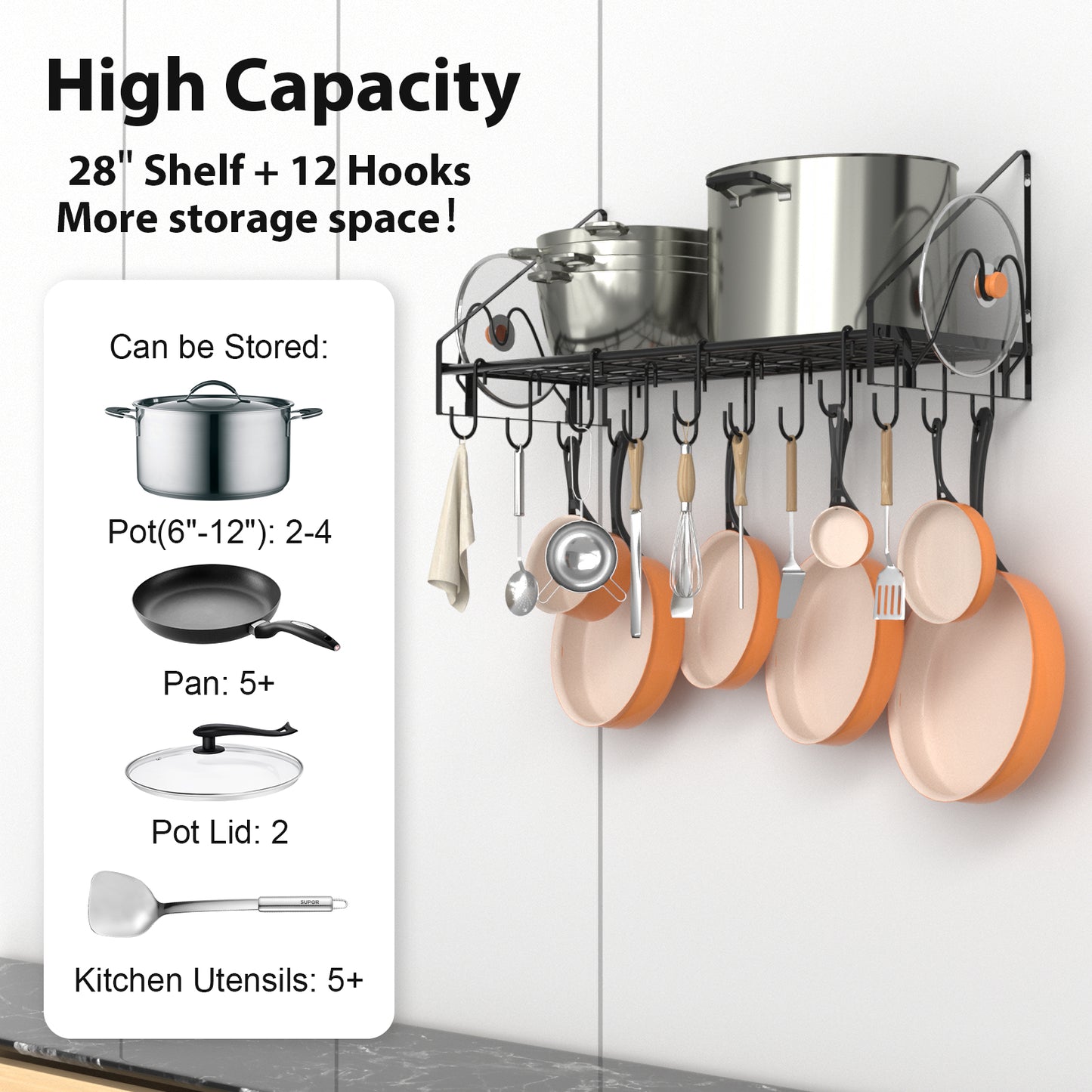 VyGrow 28 Inch Pot Rack Wall Mounted, Pots and Pans Organizer with 12 Hooks and 2 Pot Lid Holders, Heavy Duty Steel Pot and Pan Hanger for Kitchen Cookware Utensils Storage 34.7" Lx13 Wx12.6 H