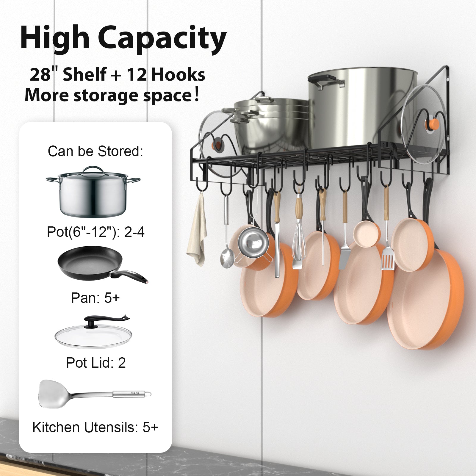 VyGrow 28 Inch Pot Rack Wall Mounted, Pots and Pans Organizer with 12 Hooks and 2 Pot Lid Holders, Heavy Duty Steel Pot and Pan Hanger for Kitchen Cookware Utensils Storage 34.7