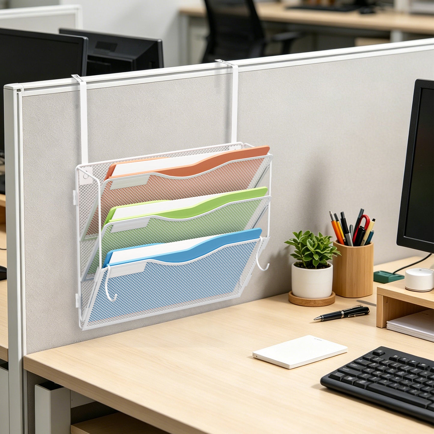 Wall File Organizer, Hanging File Folder Organizer, Vertical Mesh Metal Door/Wall Mount Hanging File Holder. Paper Document Magazine Rack with Hooks for Home Office Black (3 Pockets White)
