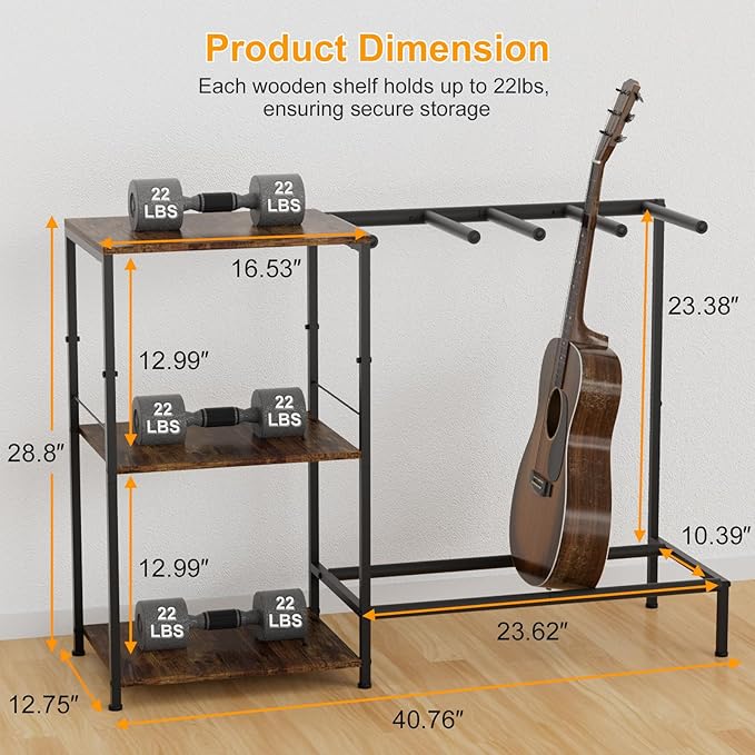 NEYCIL Guitar Stand for 4 Guitars, Adjustable Multiple Guitars Rack with Soft-Padded Protector for Acoustic, Electric, Bass & Ukulele, Guitar Display Stand with 3-tier Shelves for Amp & Vinyl Records