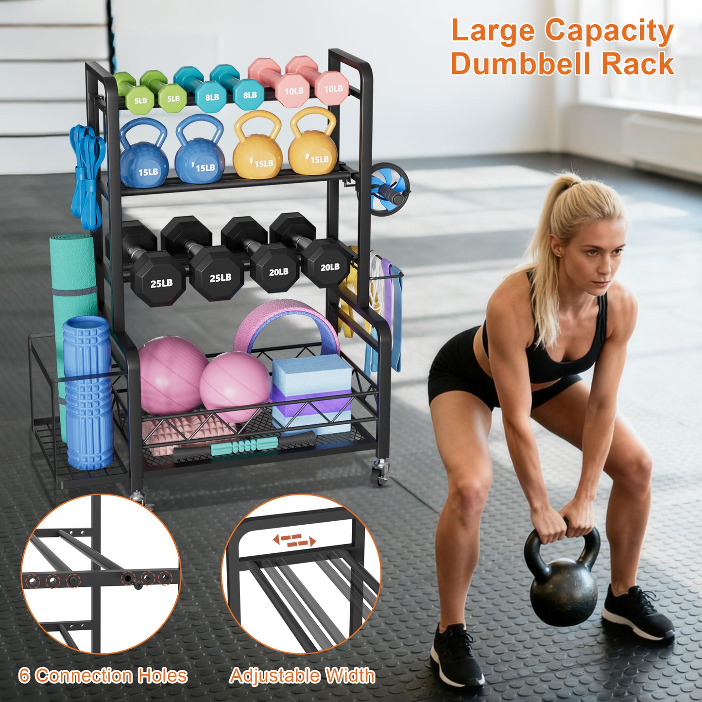 Dumbbell Rack, Adjustable Weight Rack for Home Gym, Metal Weight Stand for Dumbbells, Kettlebells, Yoga Gear, Multipurpose Workout Equipment Storage with 4 Wheels, Basket, Hooks, Black