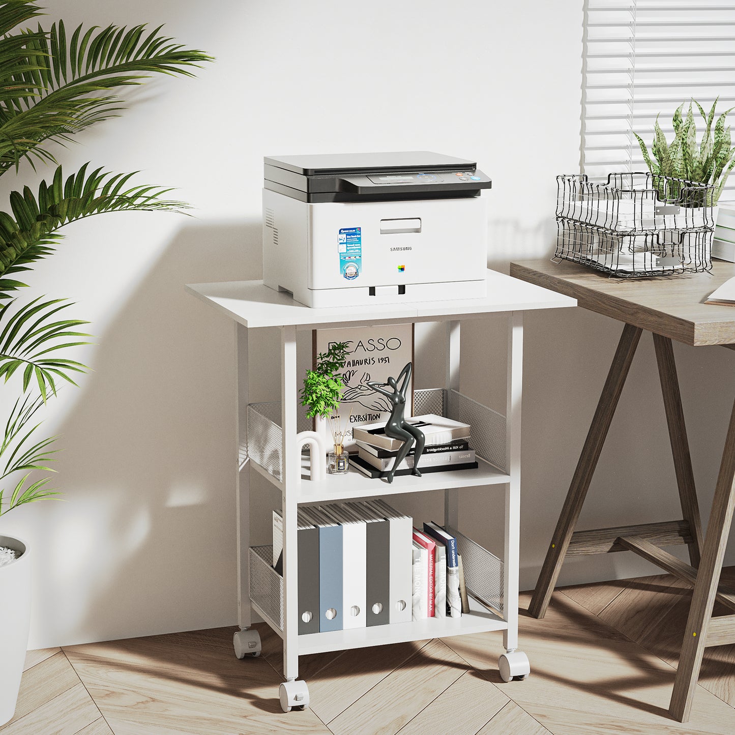 Printer Stand, 3-Tier Industrial Large Printer Table with Shelf, 23"x15" Mobile Heavy Duty Storage Rack on Wheels for Home Office Printer Fax Machine Scanner Copier, White