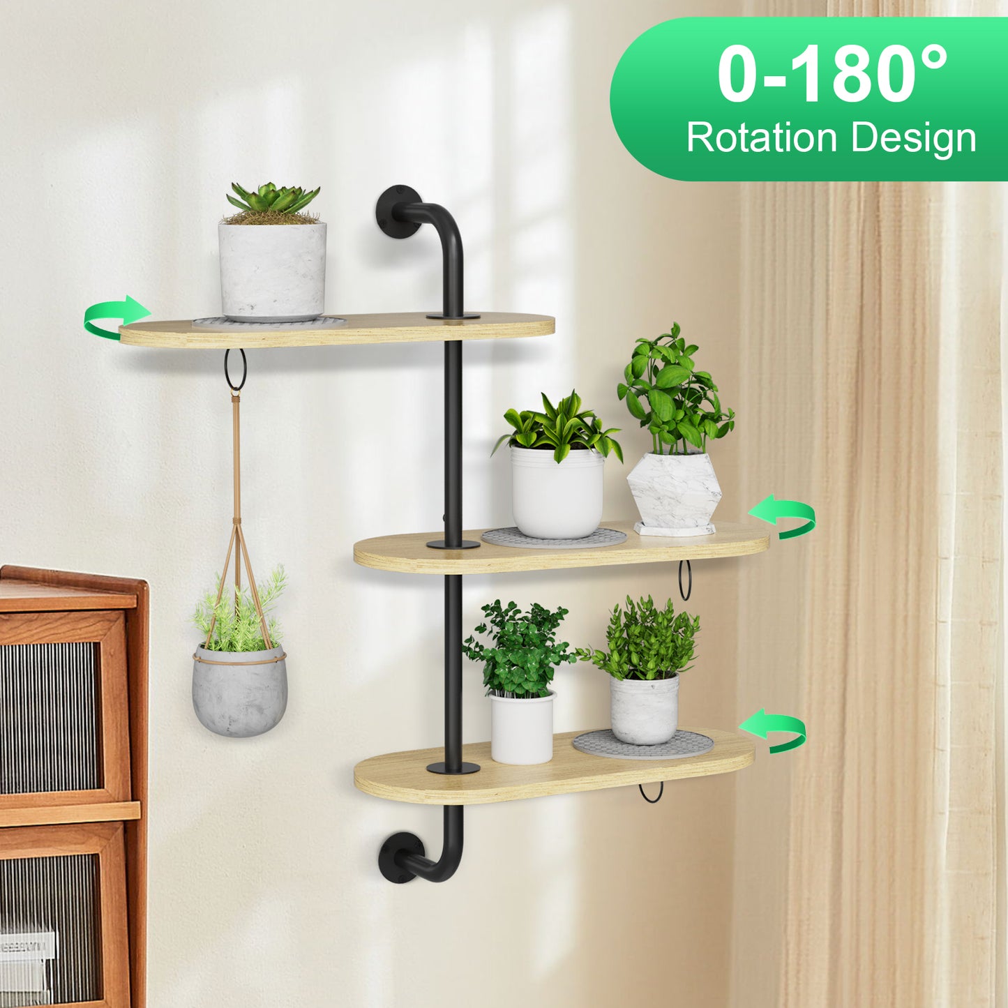 Rotating Window Plant Shelves with 3 Anti-slip Mats, 3 Tier Plant Stand Indoor Outdoor, Wooden Window Plant Shelf with 3 Circle Hook, Hanging Plant Holder for Window, Potted Plants, Flowerpots (Oak Color, 3 Tier)