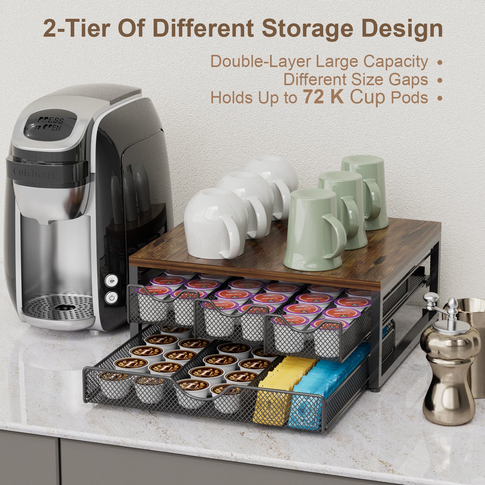 Coffee Pod Holder For Counter, 3 Pull-Out 72 K-Cup Holder Drawer, Wooden Cafe Pods Storage Organizer with Sliding Drawers for Coffee Station, Home, Kitchen, Office, Dorm (Antique Finish)