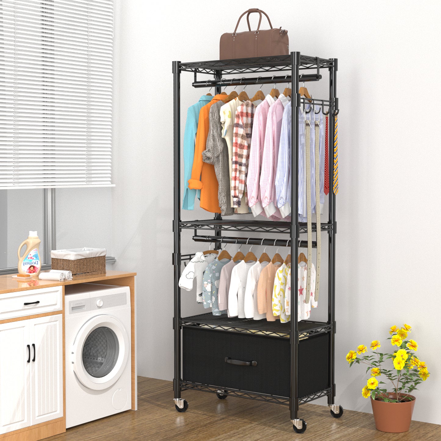 VyGrow Clothes Rack, Clothing Rack for Hanging Clothes, Kids Clothes Rack, 4 Tiers Adjustable Closet Organizer with Drawer | Double Rods | Side Hooks | Load 445lbs | ‎13.18" D x 23" W x 78.74" H