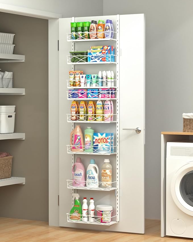VyGrow Over The Door Pantry Organizer, 8-Tier Wood & Metal Over The Door Organizer with Adjustable Basket, Hanging Spice Rack, Door Organization and Storage for Kitchen Pantry Door Cabinet, White
