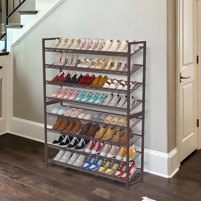 NEYCIL Large Shoe Rack 8 Tier Shoe Organizer, Heavy Duty Metal 4-Tier Stackable Shoe Storage Vertical Shoe Rack for Closet Front Door Entrance, Up to 50 Pairs, 44.8" W x 11.4" D x 56.7" H, Bronze