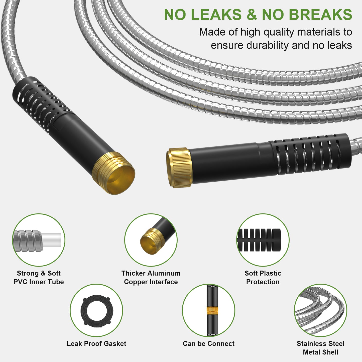 NEYCIL Stainless Steel Garden Hose 50ft, Heavy-Duty Water Hose with 10 Function Nozzle, Puncture Proof, No-Tangle, No-Kink, Garden Hose for Yards, Car Washing & Outdoor Cleaning