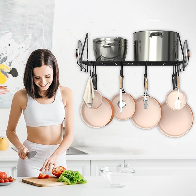 VyGrow 28 Inch Pot Rack Wall Mounted, Pots and Pans Organizer with 12 Hooks and 2 Pot Lid Holders, Heavy Duty Steel Pot and Pan Hanger for Kitchen Cookware Utensils Storage 34.7" Lx13 Wx12.6 H