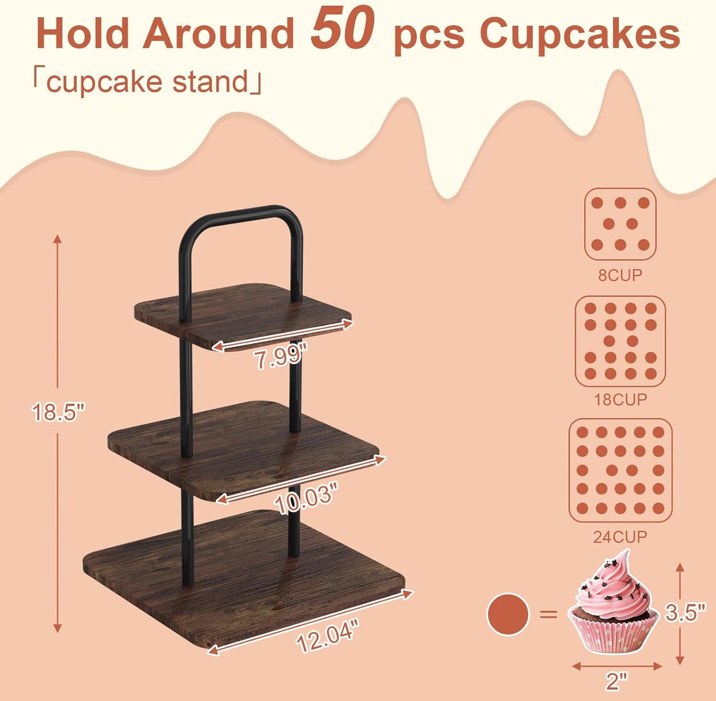 VyGrow Cupcake Stand 3-Tier Dessert Stand for 50 Cupcakes, Wood & Metal Tower Display Premium Holder Dessert Tree Tower for Christmas Birthday Weddings Party Decor, Serving Tray, Wood Brown